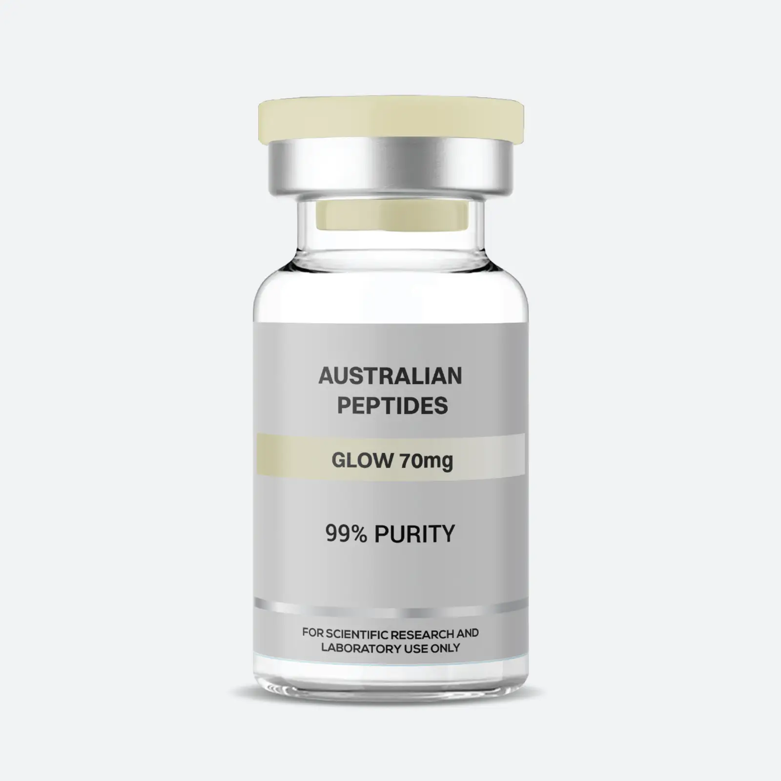 GLOW 70mg vial from Peps Aussie — a lyophilised blend of GHK-Cu, BPC-157 and TB-500, labelled for scientific research and laboratory use only
