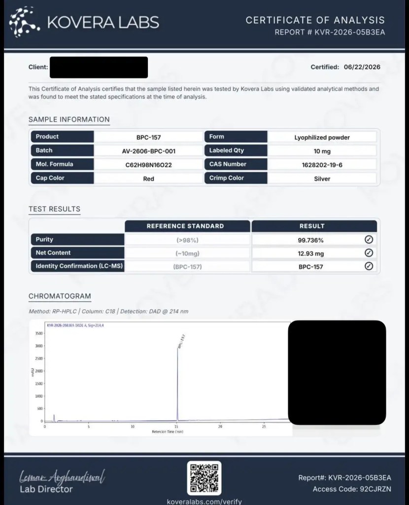 Certificate of analysis for BPC-157 10mg