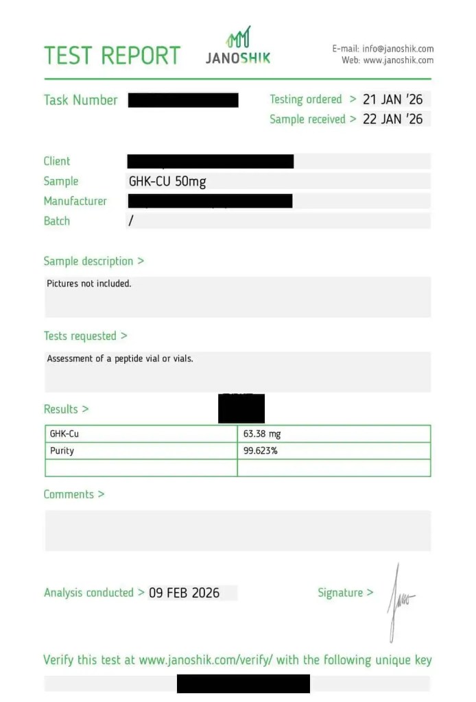 Certificate of analysis for GHK-Cu 50mg
