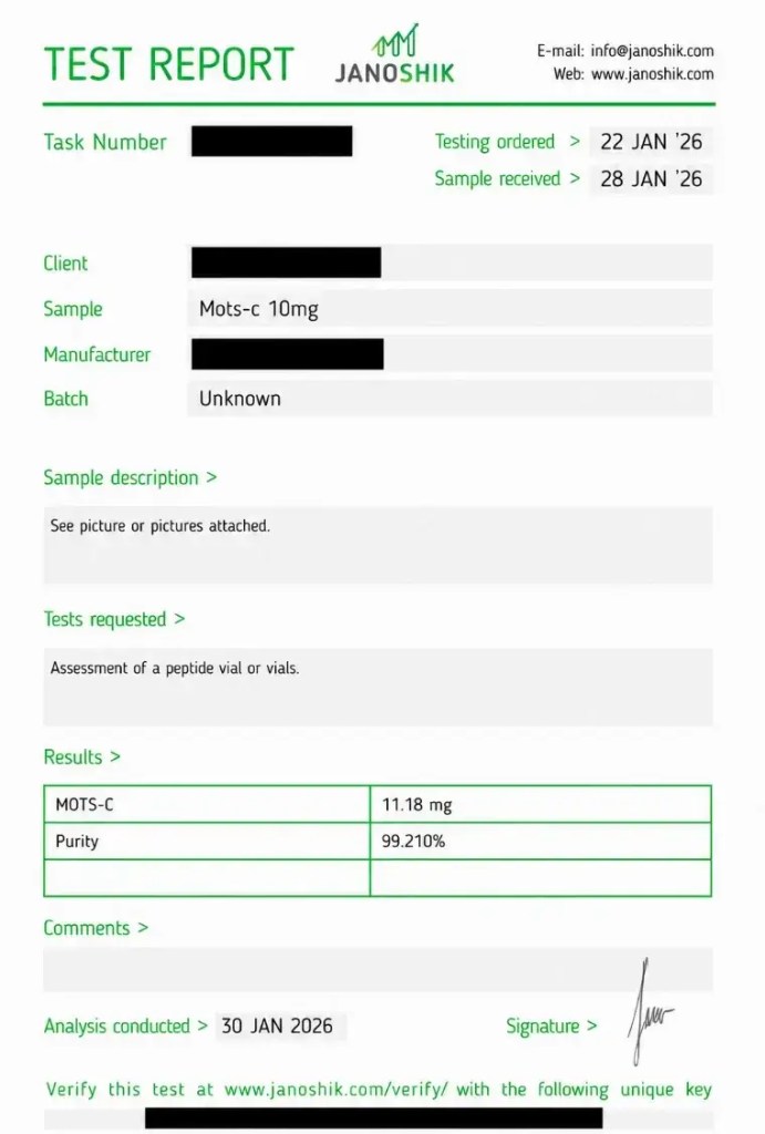 Certificate of analysis for MOTS-C 10mg