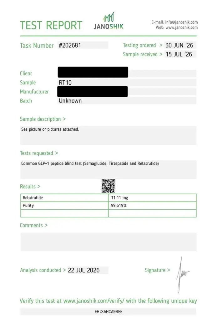 Certificate of analysis for Retatrutide 10mg